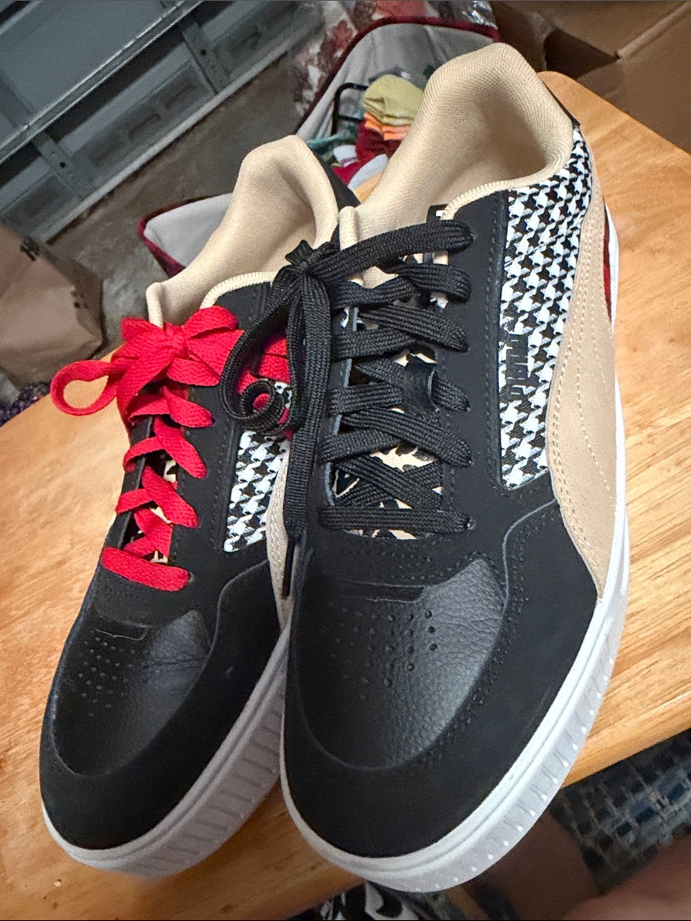 Puma Women’s Black, Beige and Red Houndstooth Accent Sneakers